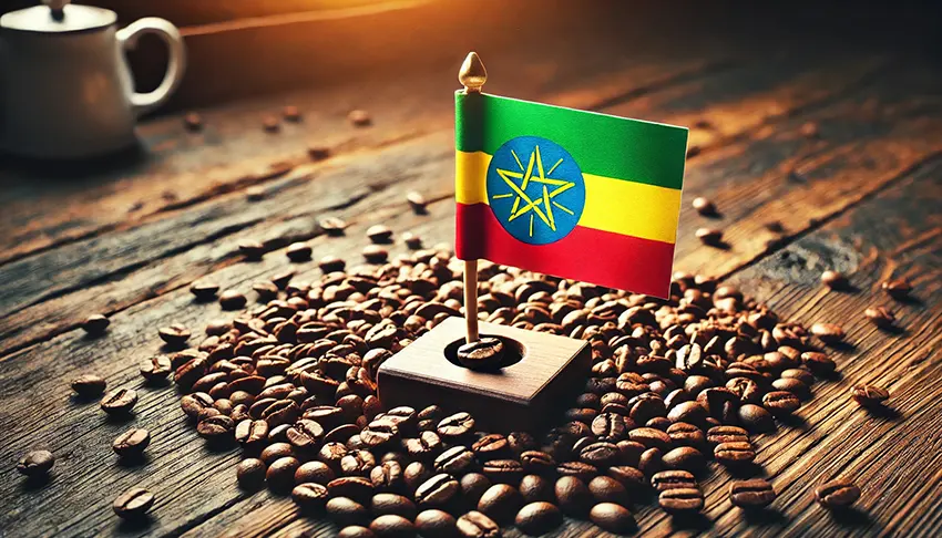 دانه های قهوه و پرچم اتیوپی