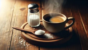 فنجان قهوه در کنار نمکدان و نمک