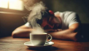 یک فنجان قهوه. و تصویر تار یک مرد که روی میز خوابیده در پس زمینه