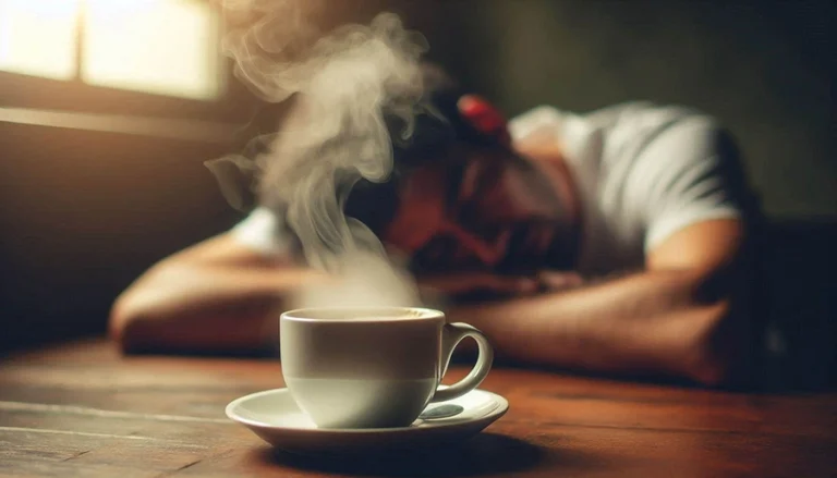 یک فنجان قهوه. و تصویر تار یک مرد که روی میز خوابیده در پس زمینه